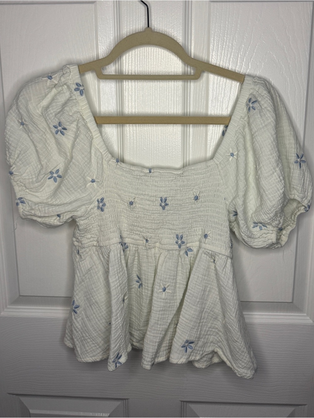 Altar’d State Puff-Sleeve Top with Blue Floral Embroidery - White - Picture 2 of 3